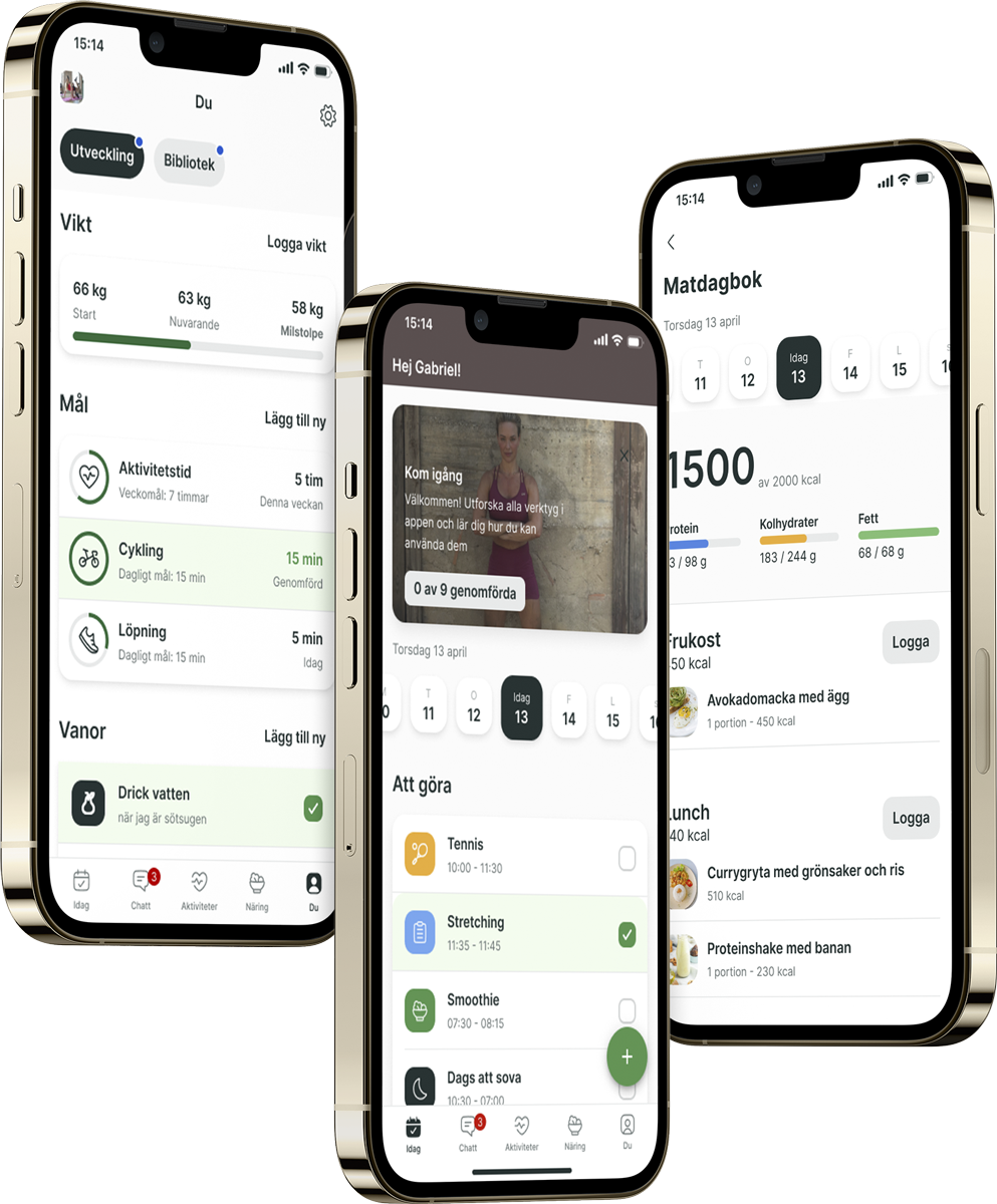 En mockup av coaching-appen som visar funktionerna.